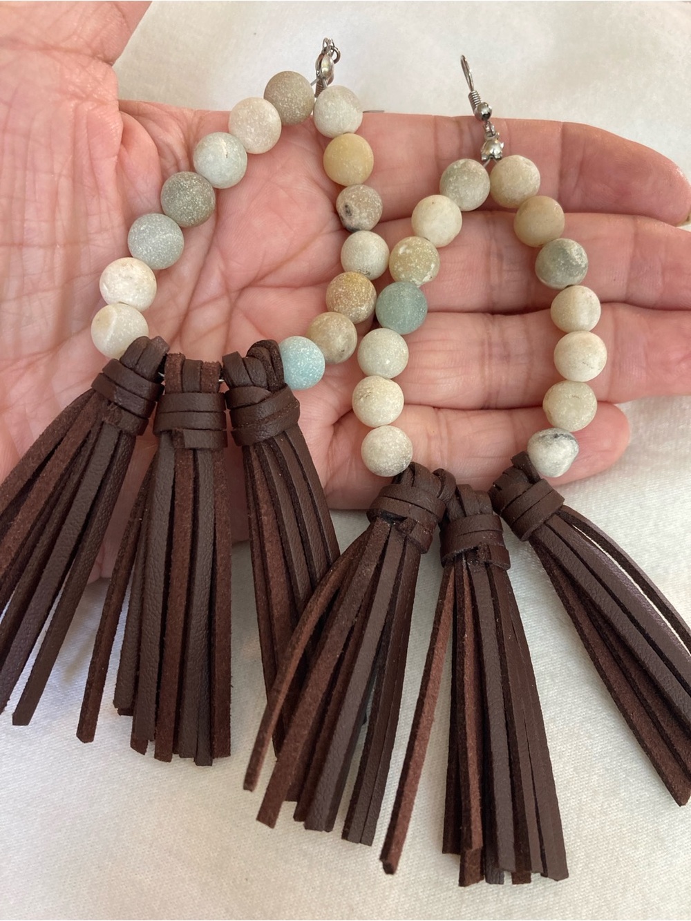 Beaded Dangle Earrings with Brown Faux Leather Tassel - Picture 7 of 7